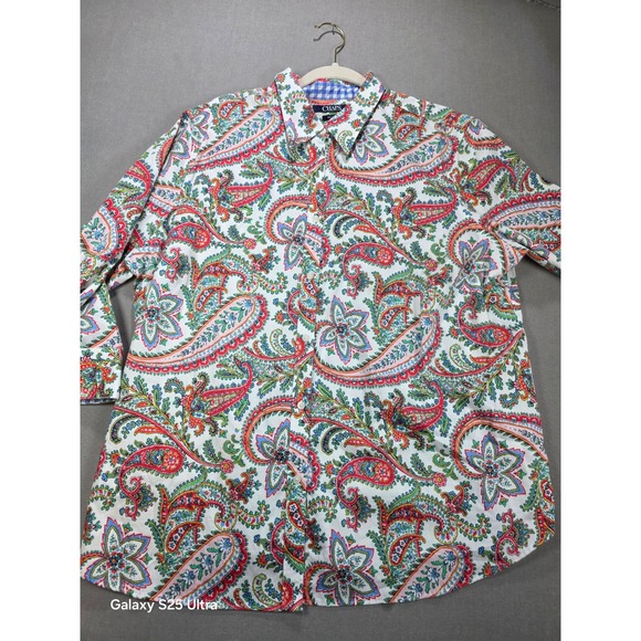 Chaps 2X Paisley Button Down Shirt Multicolor Long Sleeve Gingham Trim - Picture 1 of 8